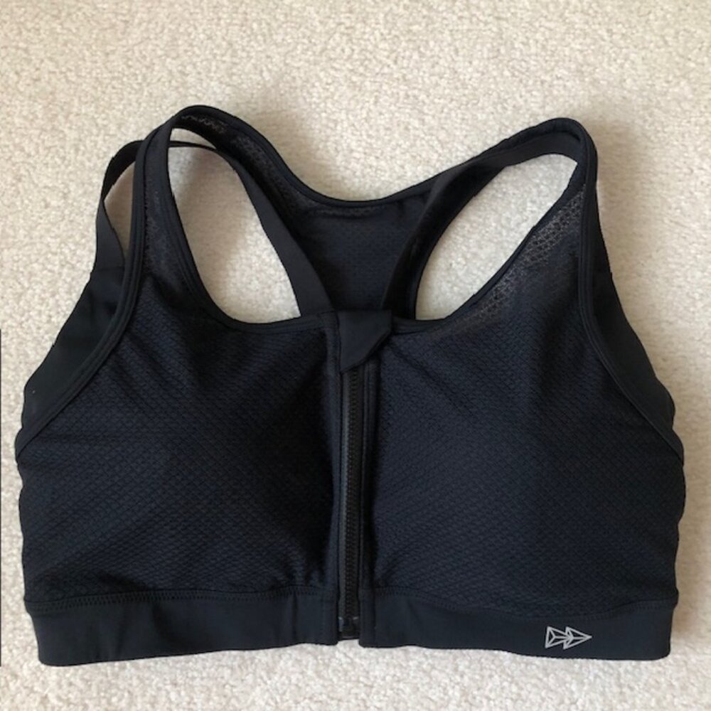 Yvette Power Zip Front Racerback Padded High Support Running Bra, Black - 36DDD